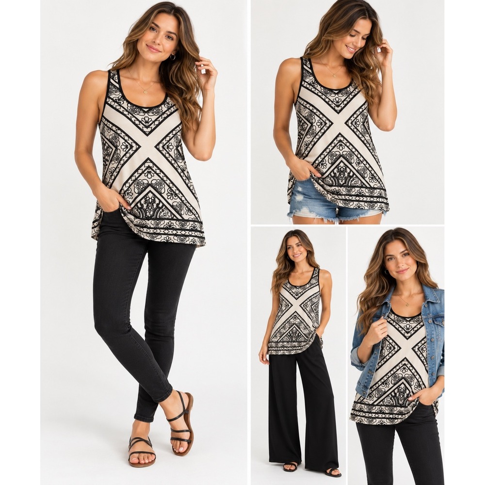 Flying Tomato Tank Top Womens L Ivory Black Geometric Paisley Racerback Boho